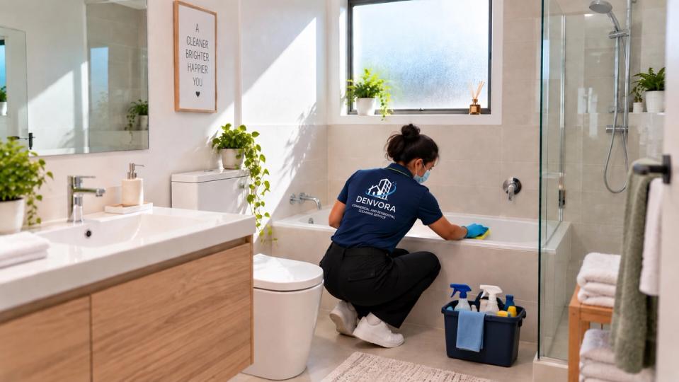 A cleaner scrubbing the bath in a bright bathroom
