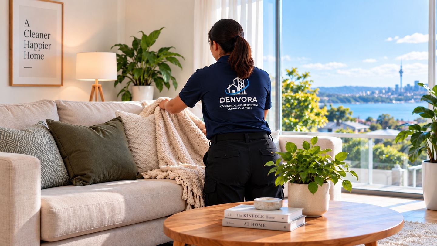 A cleaner tidying the sofa in a bright living room overlooking the Auckland harbour