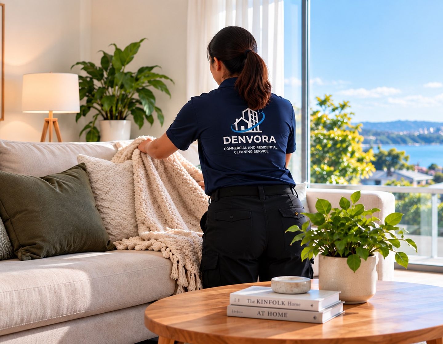 A cleaner tidying the sofa in a bright living room overlooking the Auckland harbour
