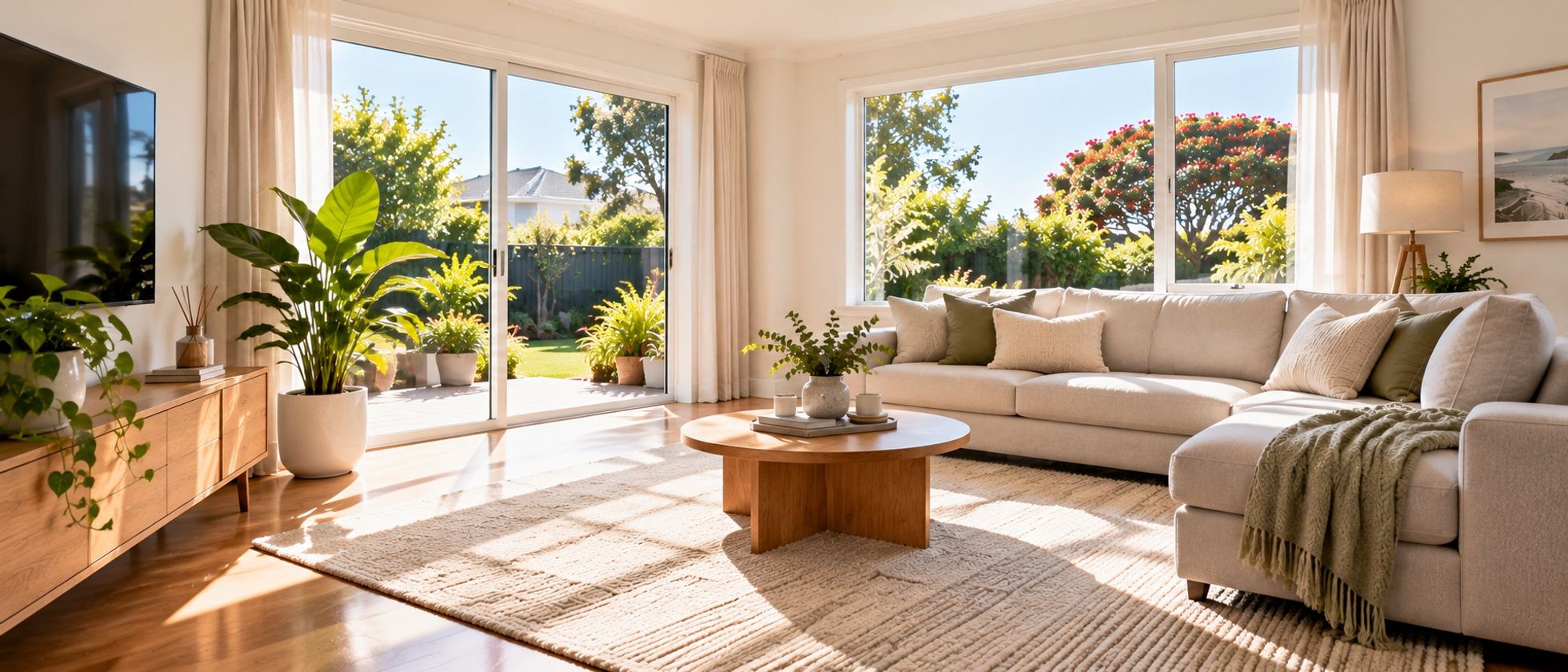 A sunlit living room with the cleaning finished