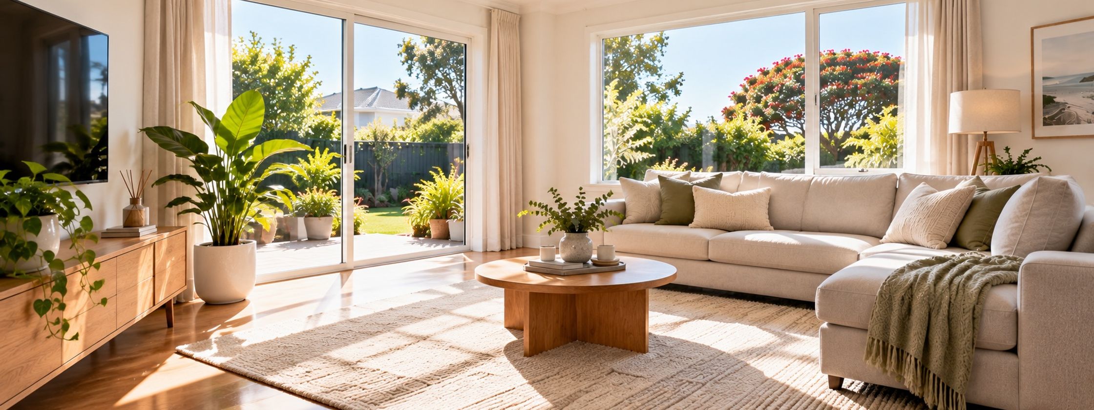 A sunlit living room with the cleaning finished