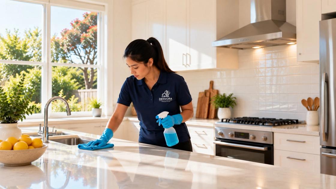 A cleaner wiping down a kitchen bench
