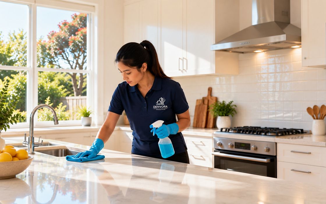 A cleaner wiping down a kitchen bench