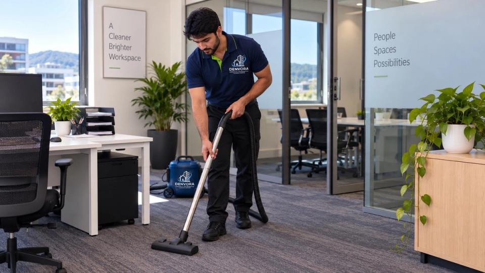 A cleaner vacuuming an office carpet