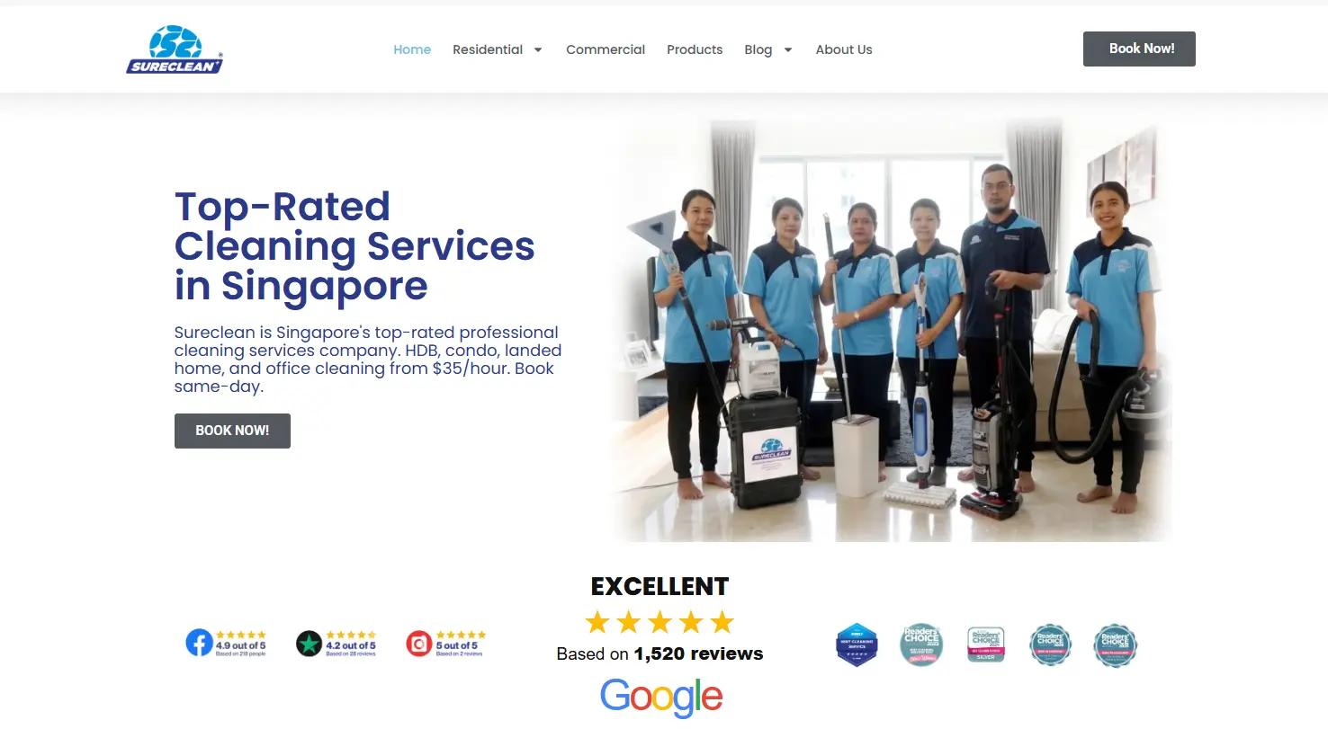 Sureclean homepage showcasing their office cleaning services in Singapore