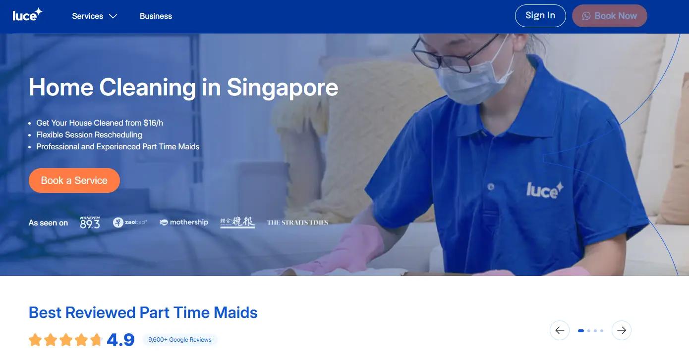 Luce Office homepage showcasing their commercial cleaning services for over 400 companies in Singapore