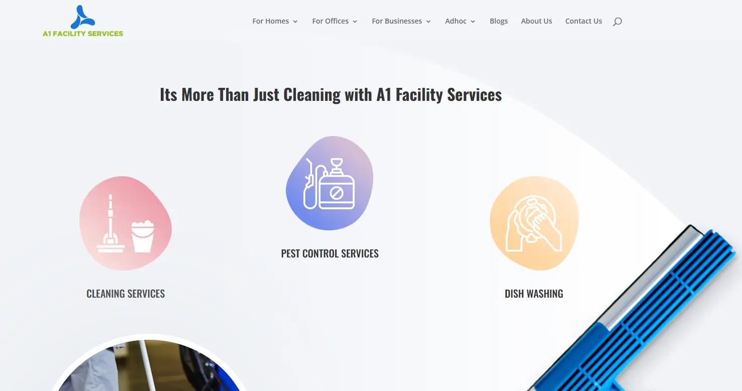 A1 Facility Services homepage showcasing their commercial and residential cleaning services in Singapore