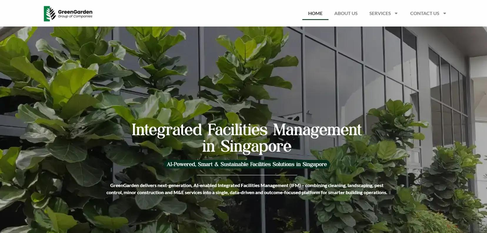 Green Garden Cleaning homepage showcasing their commercial cleaning and integrated facility management services in Singapore