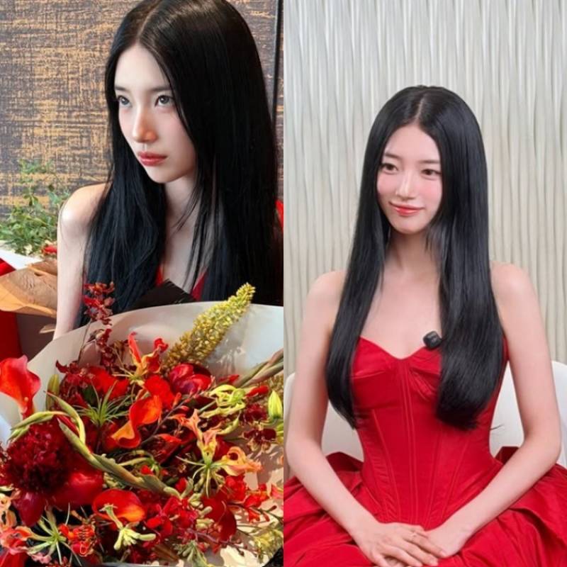 Suzy shares red dress photos on SNS