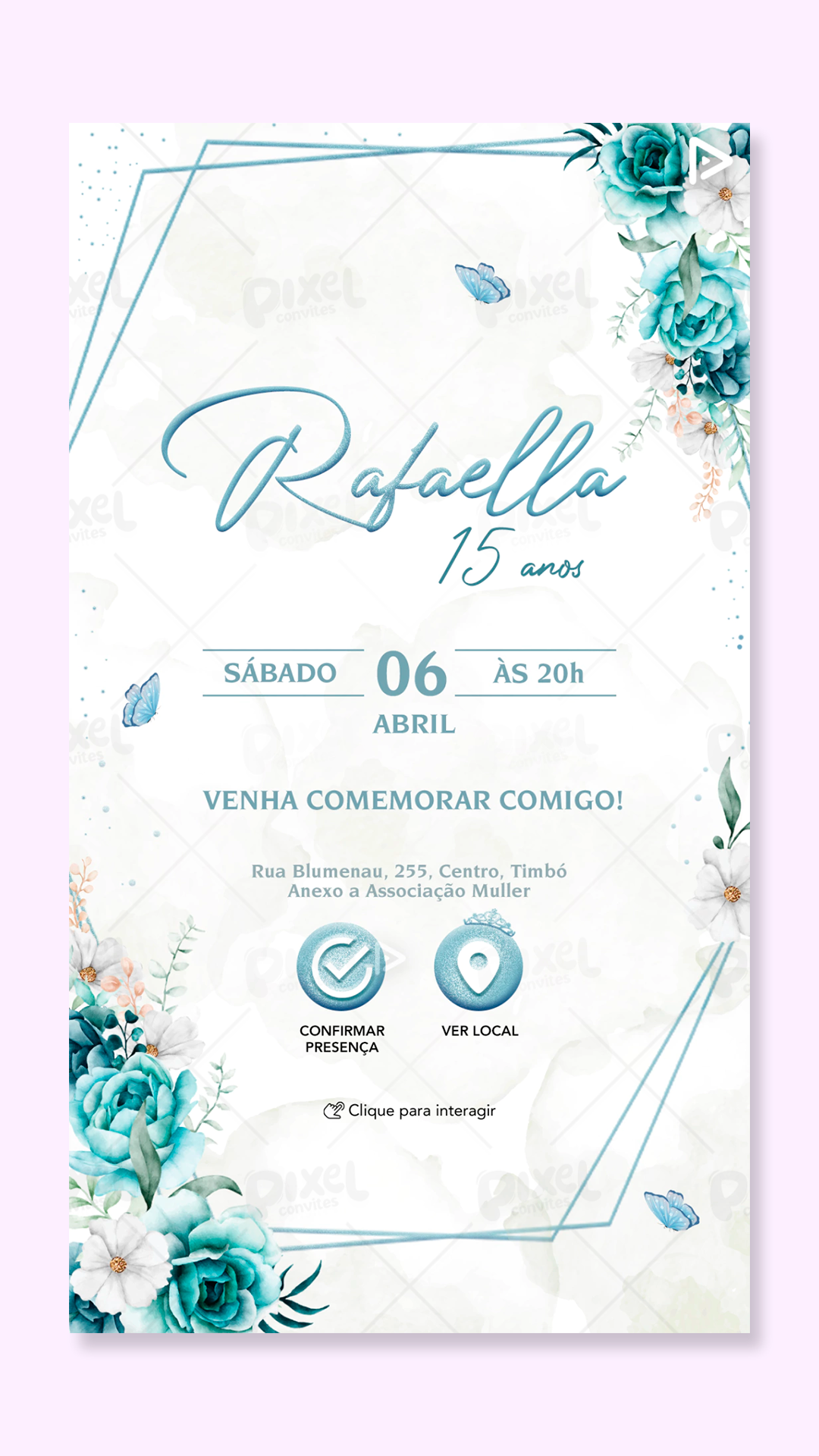 Convite Interativo 15 Anos Rosas Azuis Serenity