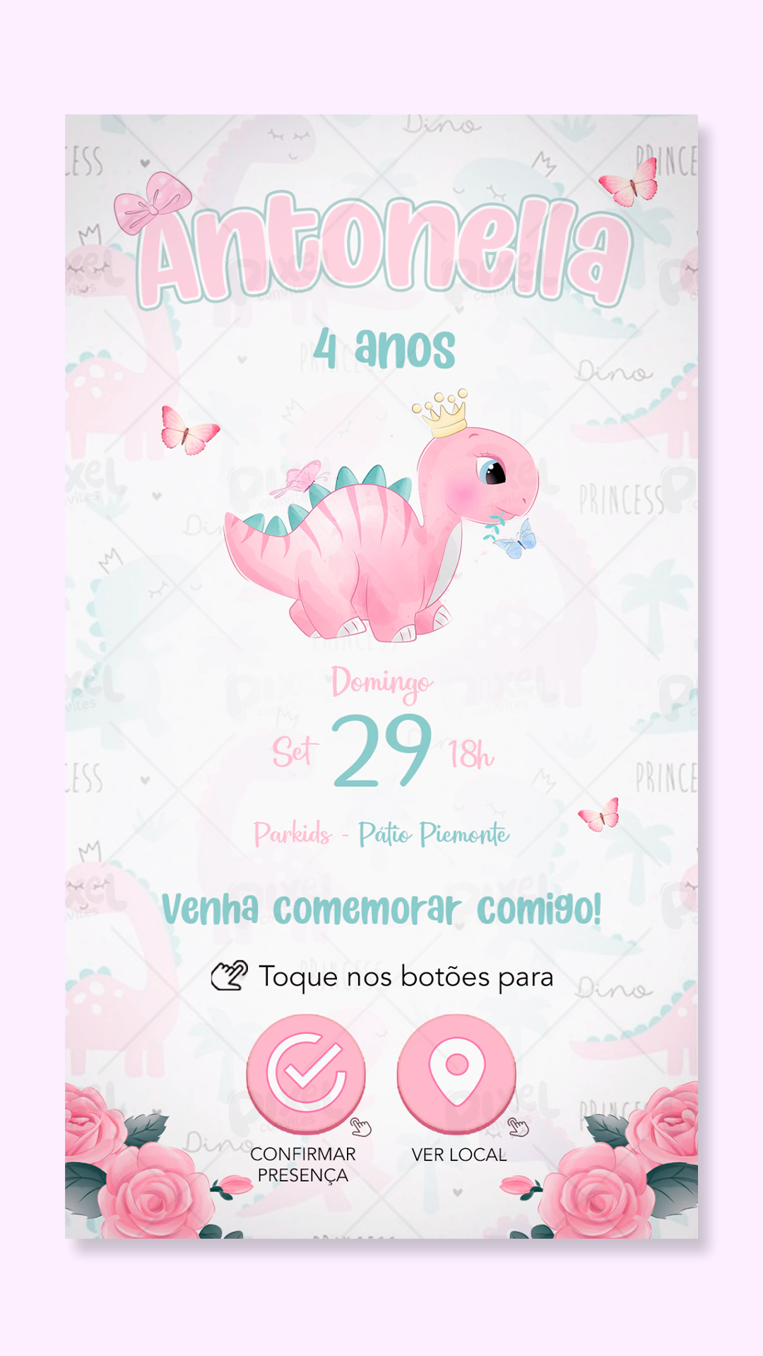 Convite Interativo Dino Baby - Menina
