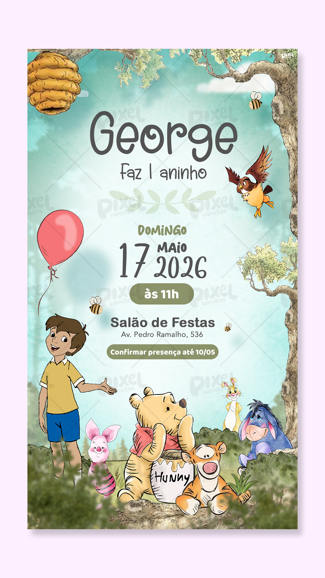Convite Digital Simples Ursinho Pooh Festa No Bosque Dos Cem Acres