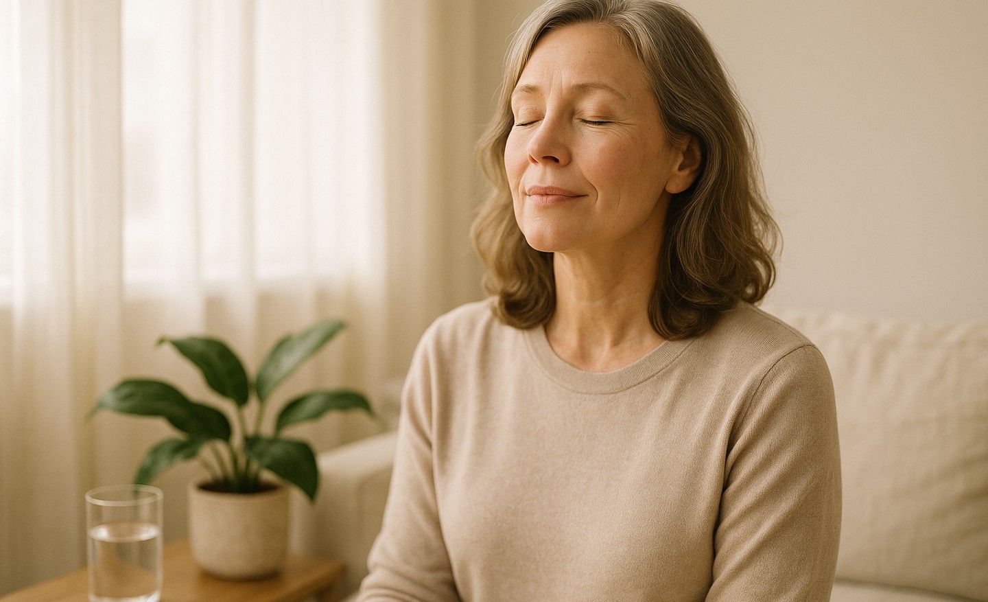 A composed woman in her fifties taking a calm mindful breath in a bright airy living room