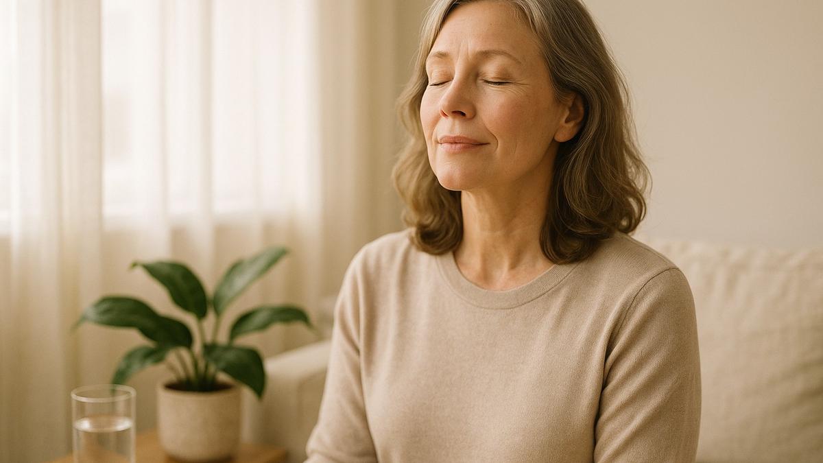 A composed woman in her fifties taking a calm mindful breath in a bright airy living room