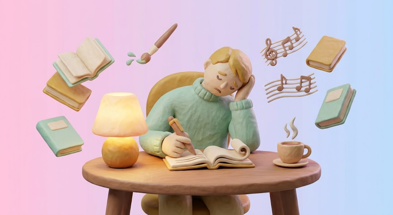 Меланхолик в творческой обстановке — 3D иллюстрация