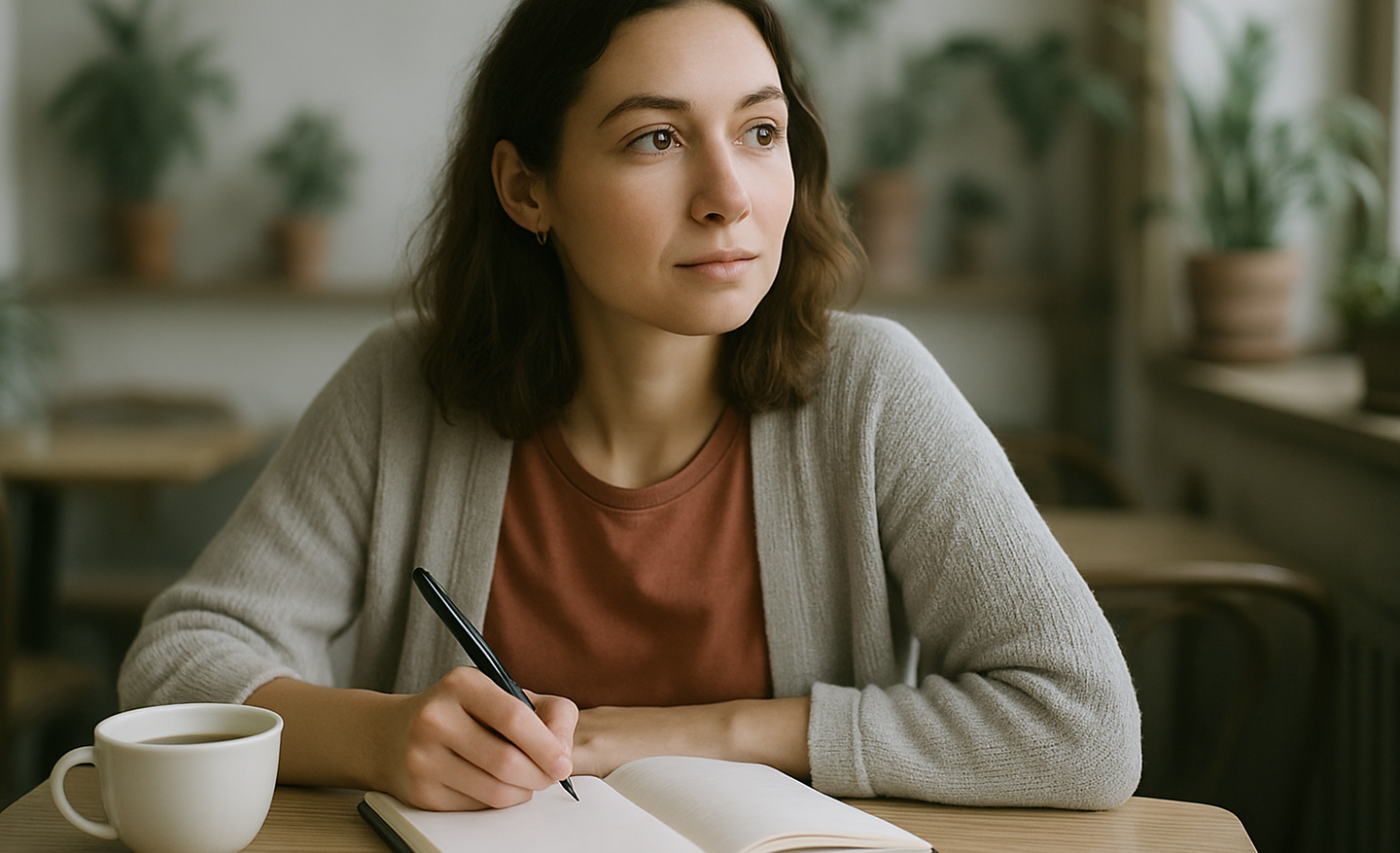 A woman journaling calmly at a cafe table, pausing in hopeful reflection
