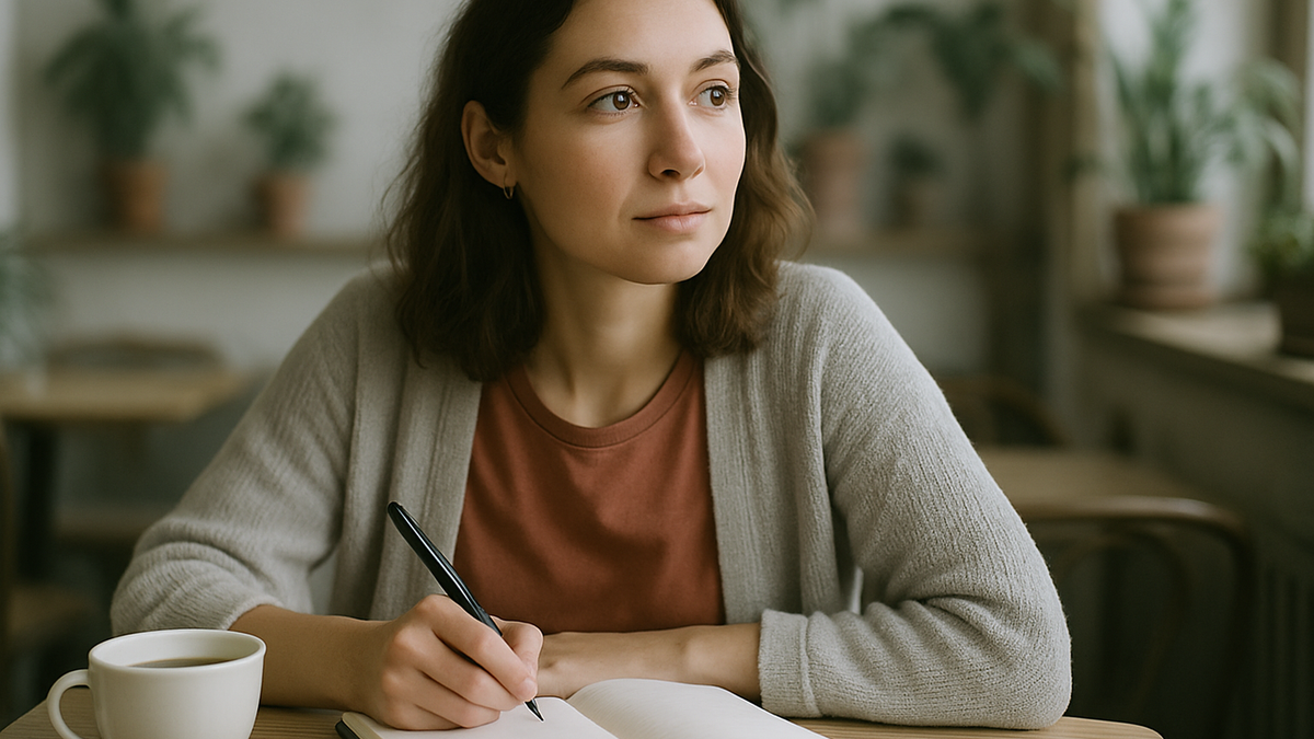 A woman journaling calmly at a cafe table, pausing in hopeful reflection