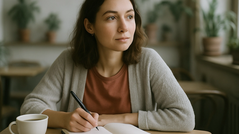 A woman journaling calmly at a cafe table, pausing in hopeful reflection