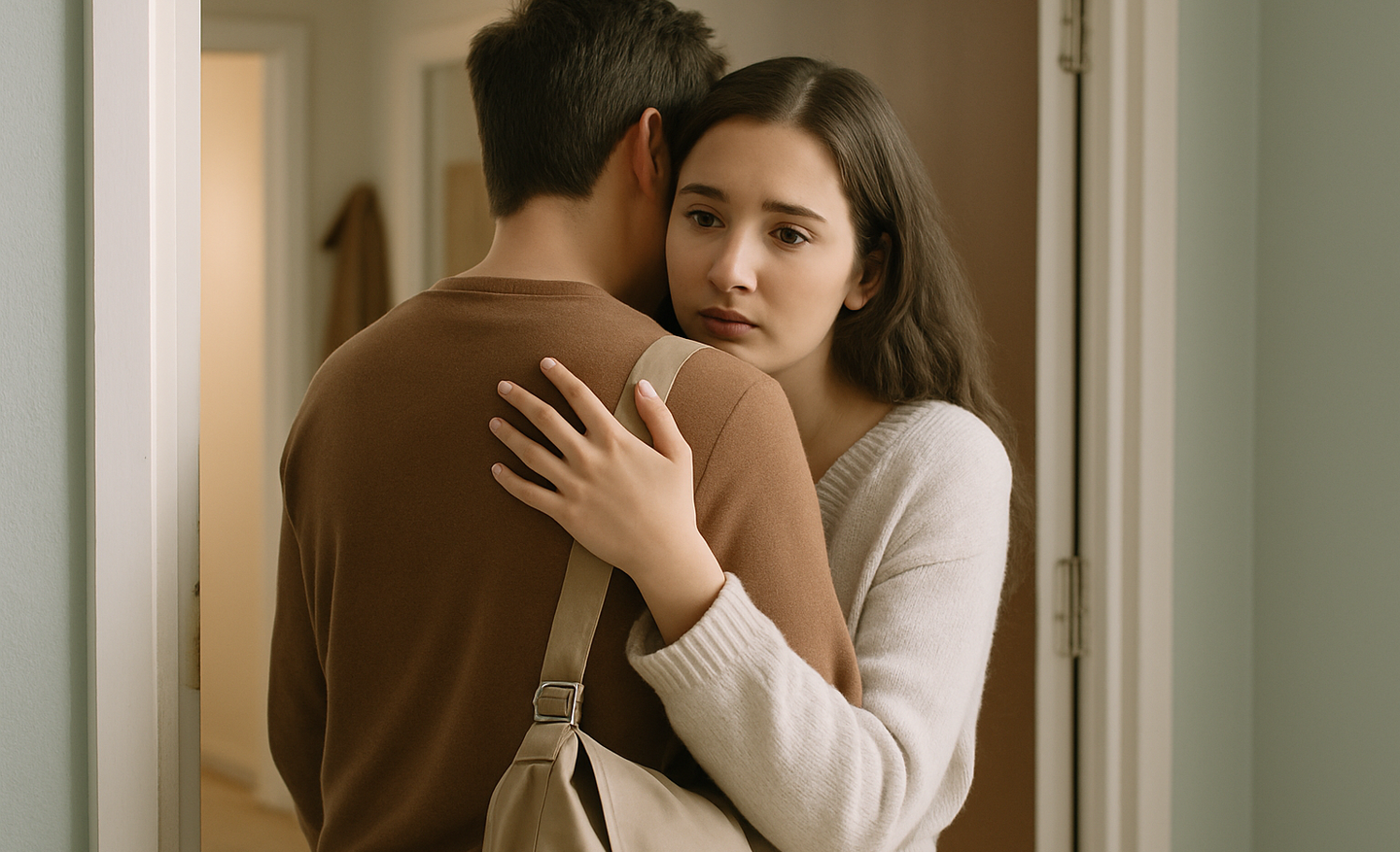 A couple sharing a lingering goodbye embrace in an apartment doorway
