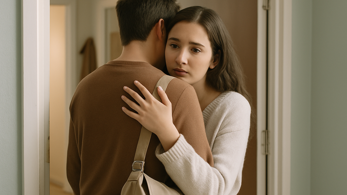 A couple sharing a lingering goodbye embrace in an apartment doorway
