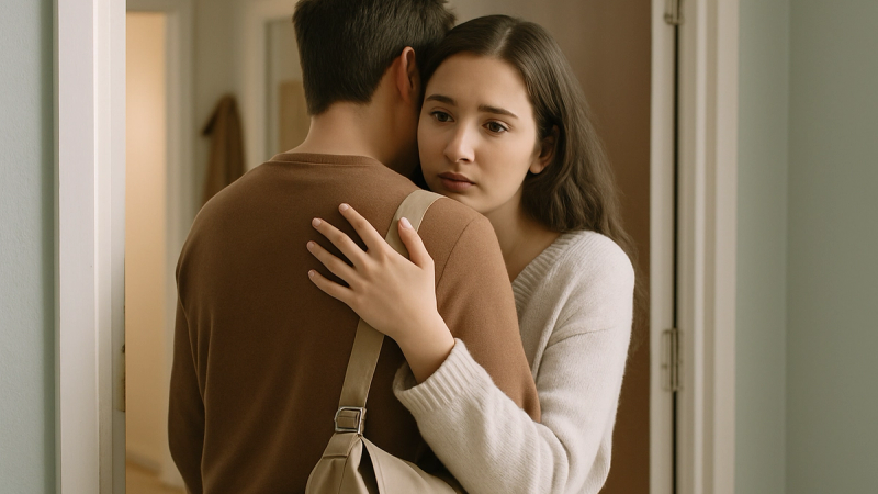 A couple sharing a lingering goodbye embrace in an apartment doorway