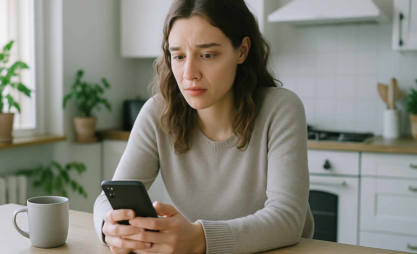 A woman at a kitchen counter looking anxiously at her phone while waiting for a reply