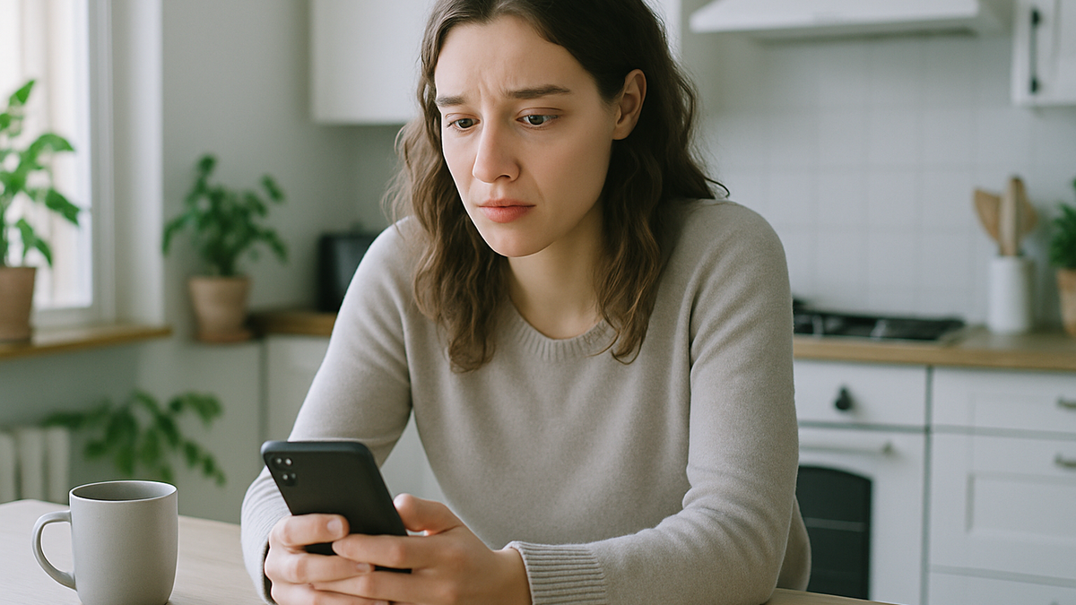 A woman at a kitchen counter looking anxiously at her phone while waiting for a reply