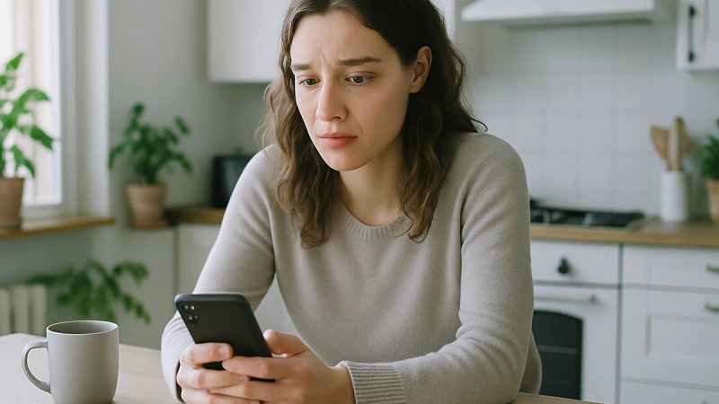A woman at a kitchen counter looking anxiously at her phone while waiting for a reply