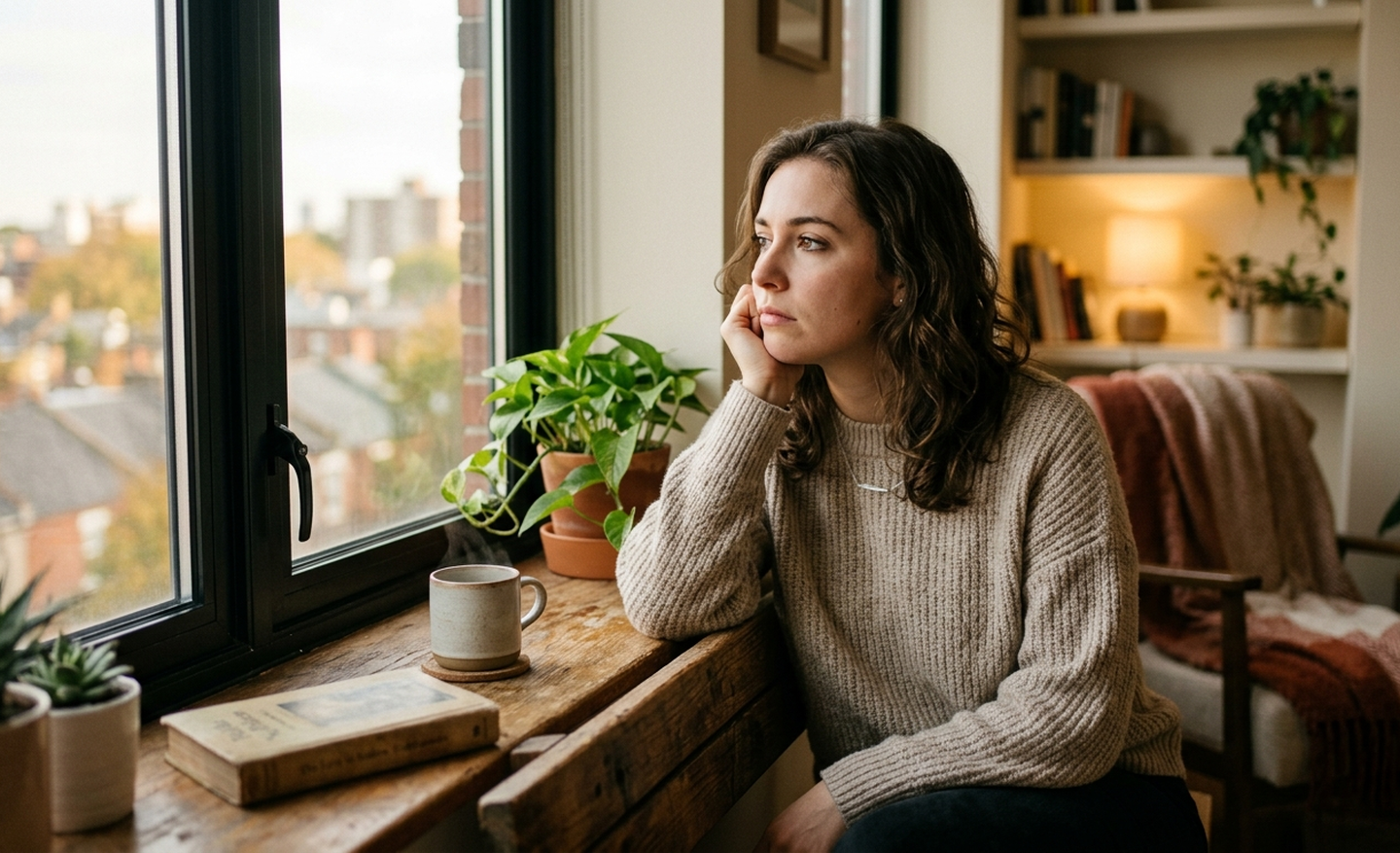 A thoughtful woman sitting by a window, contemplating doubt and uncertainty in her relationship