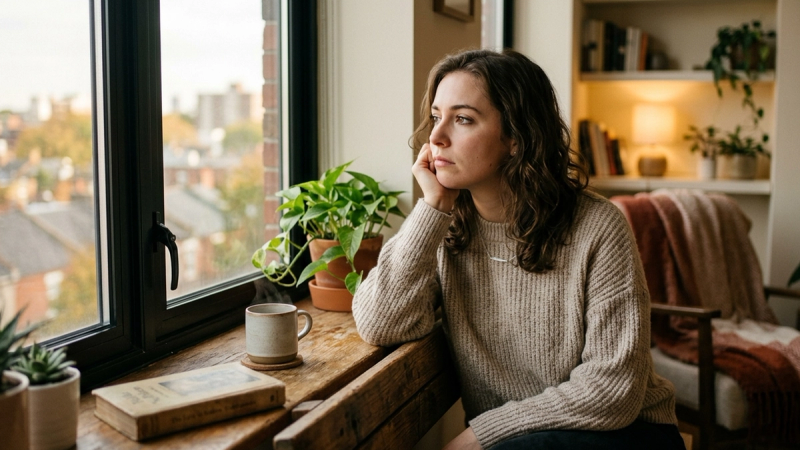 A thoughtful woman sitting by a window, contemplating doubt and uncertainty in her relationship
