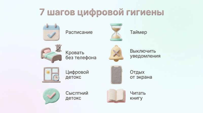 7 шагов цифровой гигиены — чек-лист с иконками, 3D-клэй инфографика