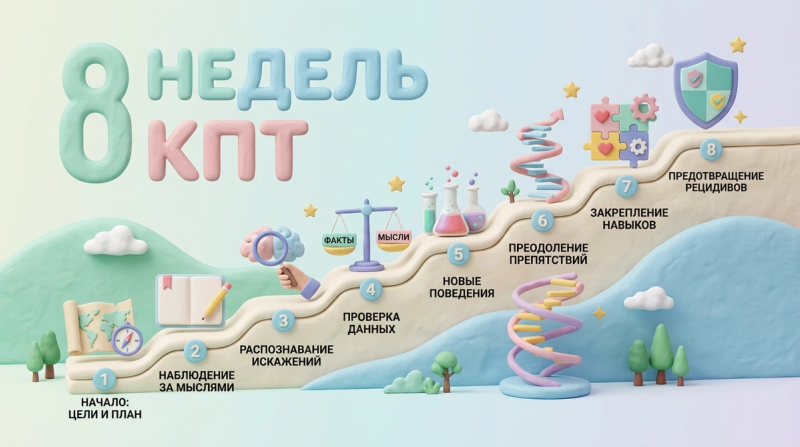 Протокол 8 недель КПТ: дорожная карта из восьми ступеней — от карты проблемы до плана профилактики рецидива. 3D-клэй инфографика
