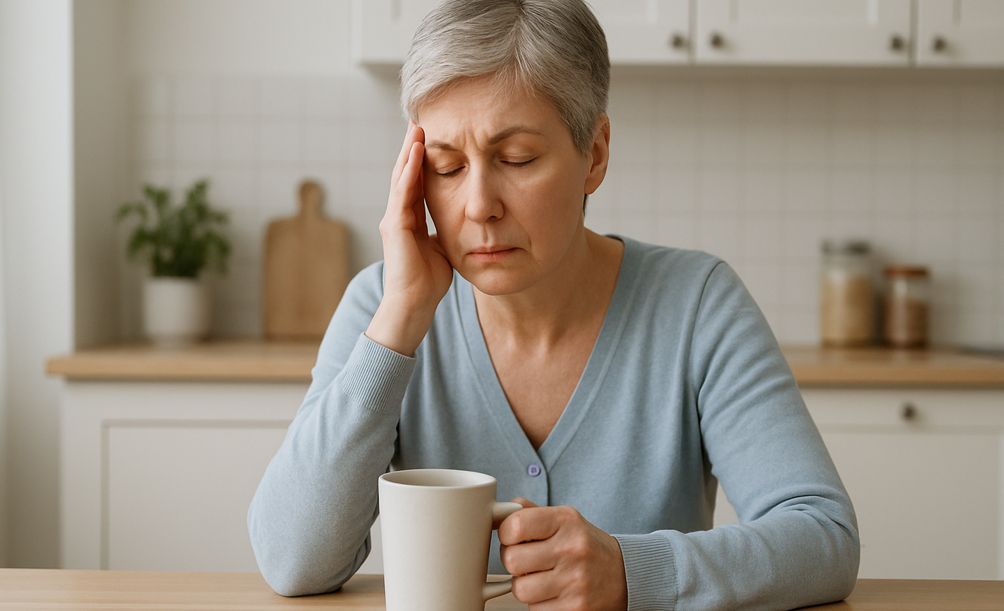 An older woman at a kitchen table looking tired, resting a hand near her temple, a mug in front of her