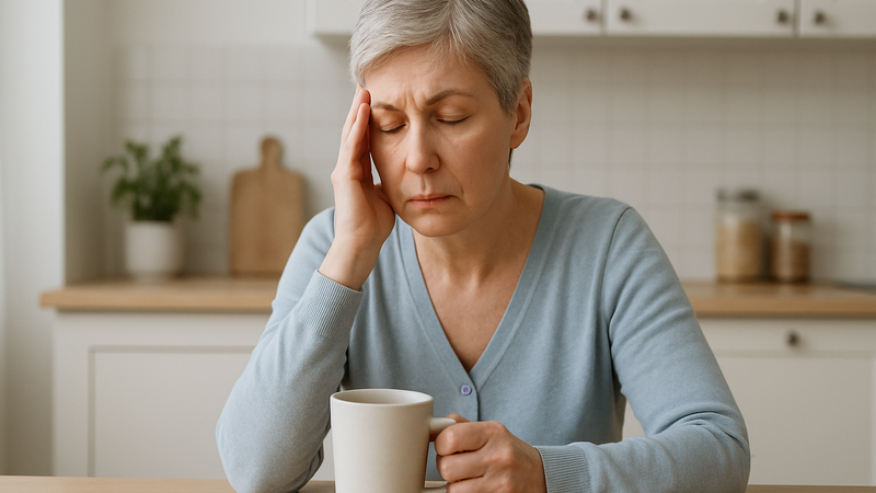 An older woman at a kitchen table looking tired, resting a hand near her temple, a mug in front of her