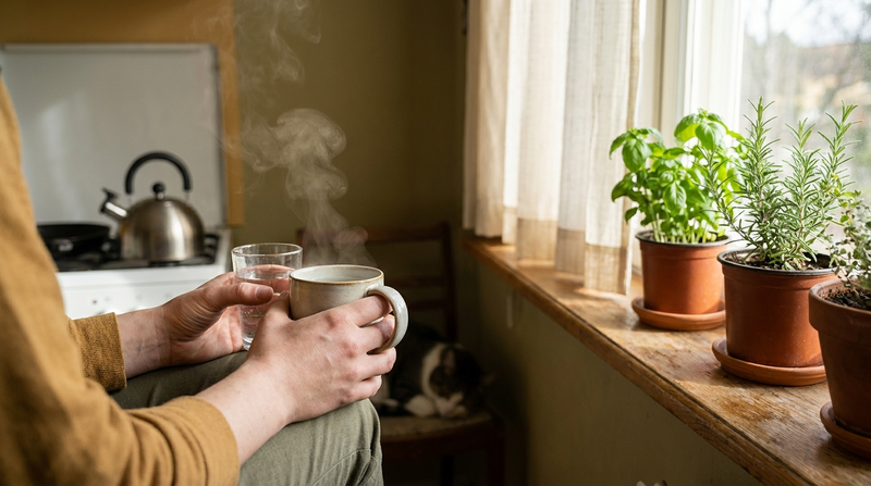 Hands holding a glass of water by a sunlit kitchen window in the morning