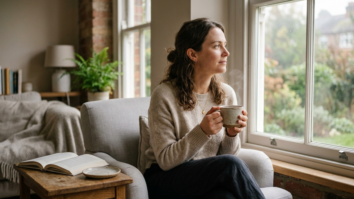 Calm woman by a window with tea, reflecting peacefully