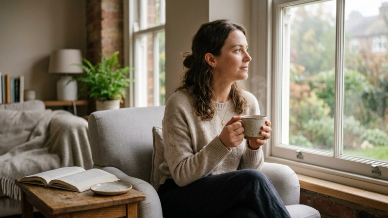 Calm woman by a window with tea, reflecting peacefully