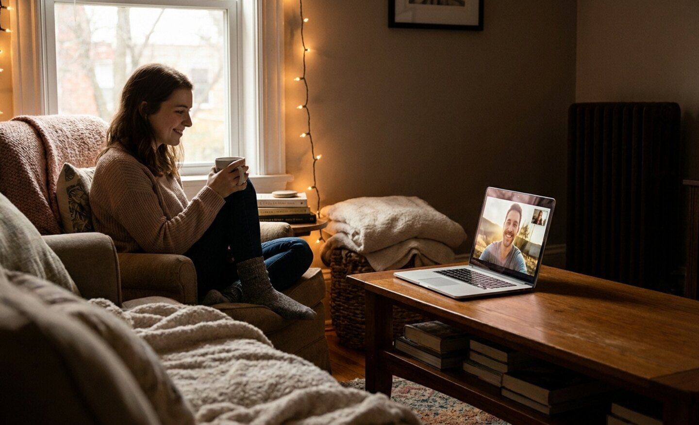 Woman on a video call with her partner on a laptop — staying connected in a long distance relationship