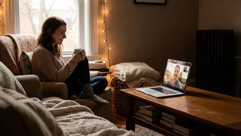 Woman on a video call with her partner on a laptop — staying connected in a long distance relationship