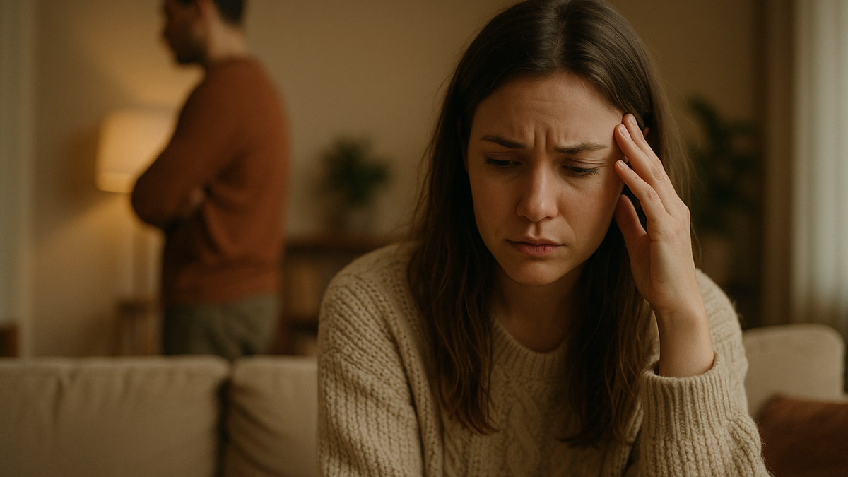 A woman looking confused and self-doubting in the foreground while a partner stands turned away behind her