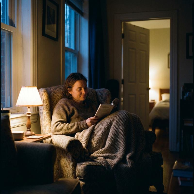 A person reading in an armchair under a small lamp late at night — getting out of bed instead of fighting for sleep