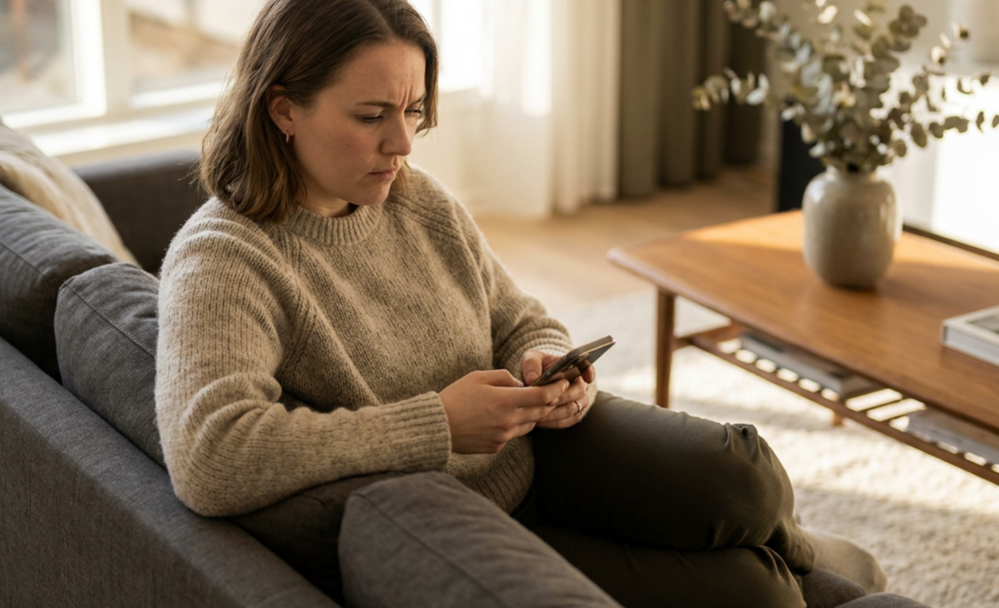 Woman sitting on couch looking at phone with anxious expression - relationship anxiety