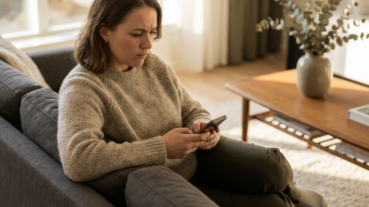 Woman sitting on couch looking at phone with anxious expression - relationship anxiety