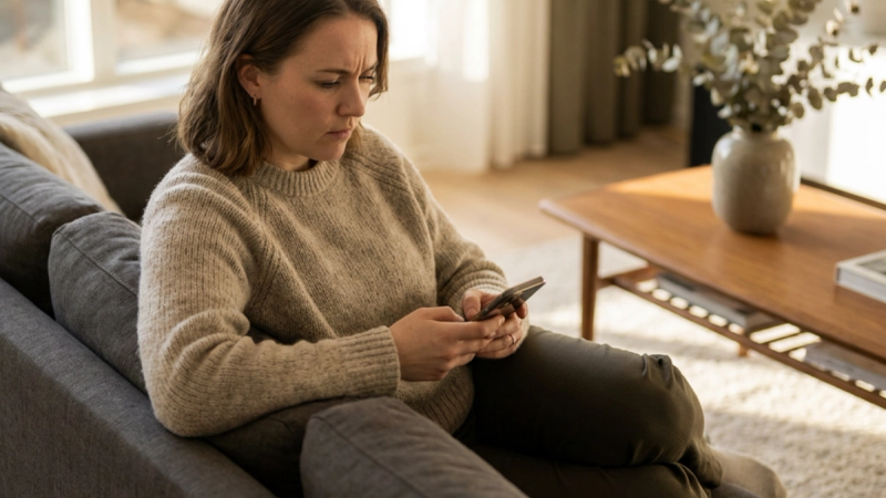 Woman sitting on couch looking at phone with anxious expression - relationship anxiety