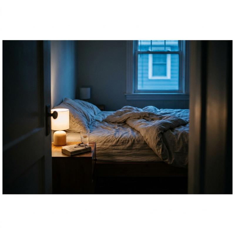 An empty rumpled bed at night with a bedside lamp on — the bed as a place associated with lying awake rather than sleeping