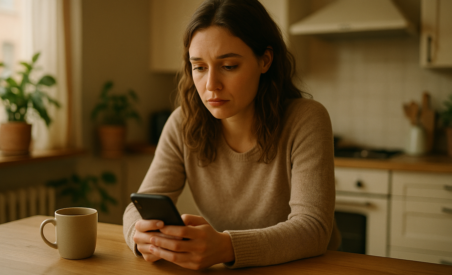 A woman at a kitchen counter looking anxiously at her phone while waiting for a reply