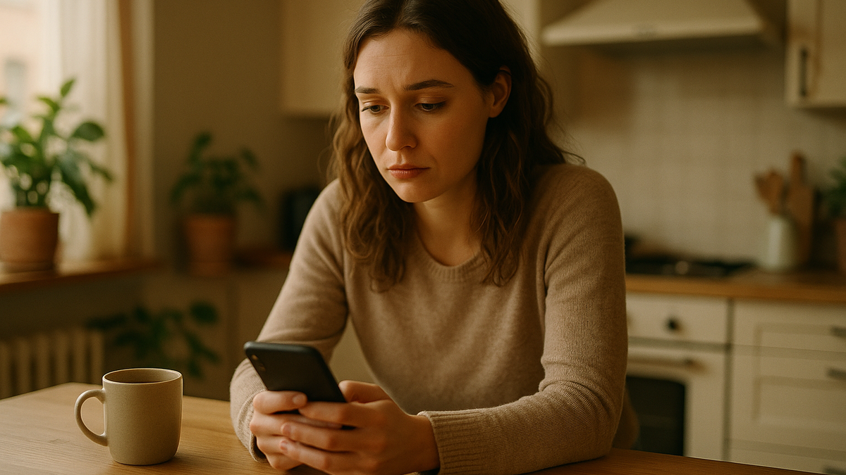 A woman at a kitchen counter looking anxiously at her phone while waiting for a reply