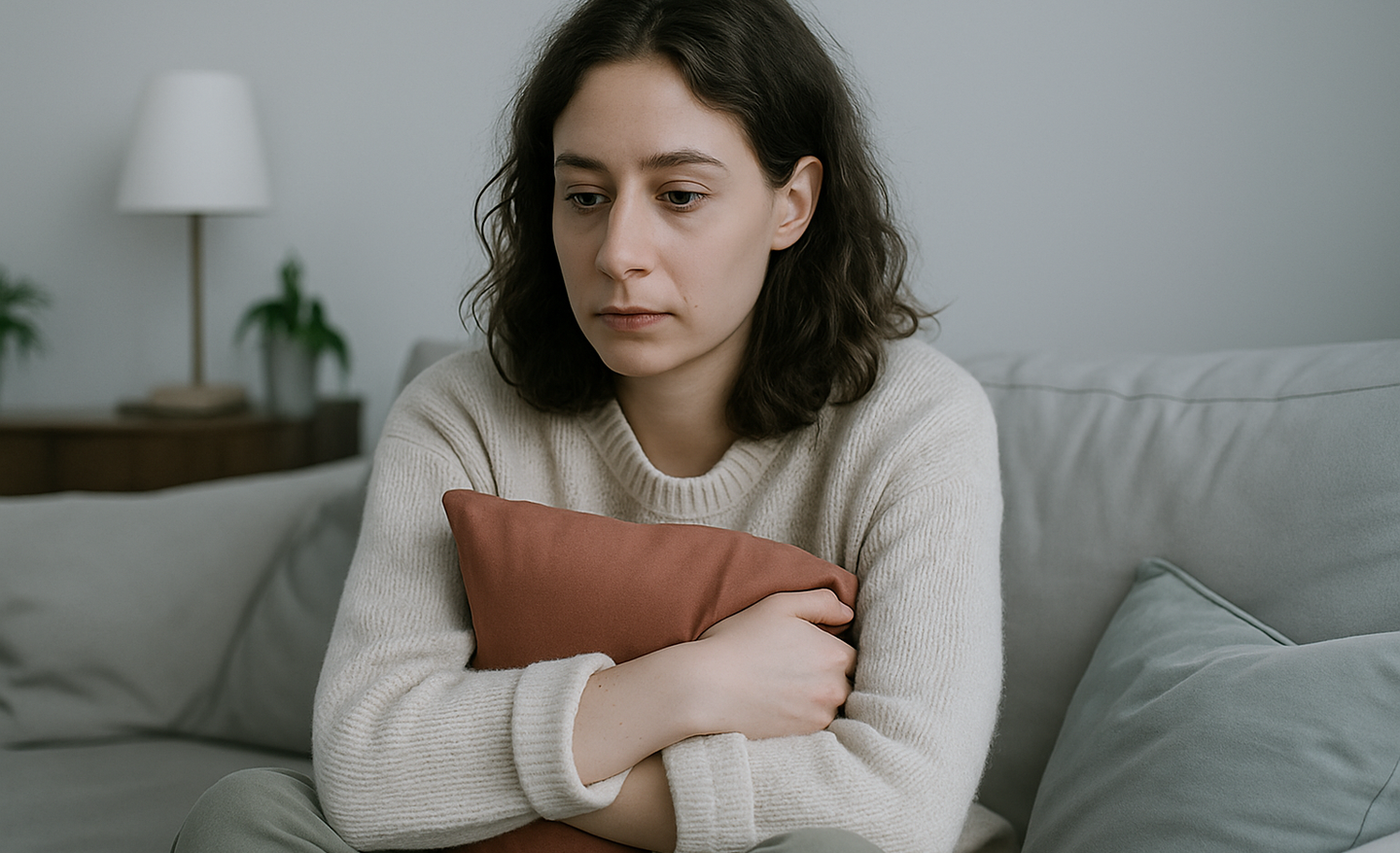 A woman sitting on a sofa hugging a cushion, looking pensive and self-doubting