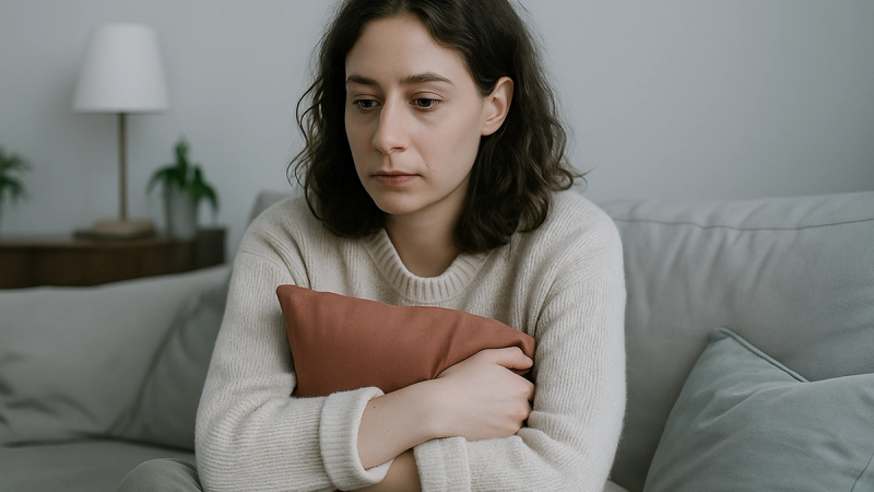 A woman sitting on a sofa hugging a cushion, looking pensive and self-doubting