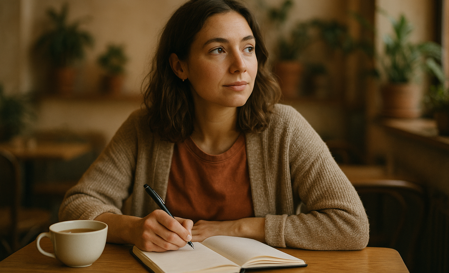 A woman journaling calmly at a cafe table, pausing in hopeful reflection